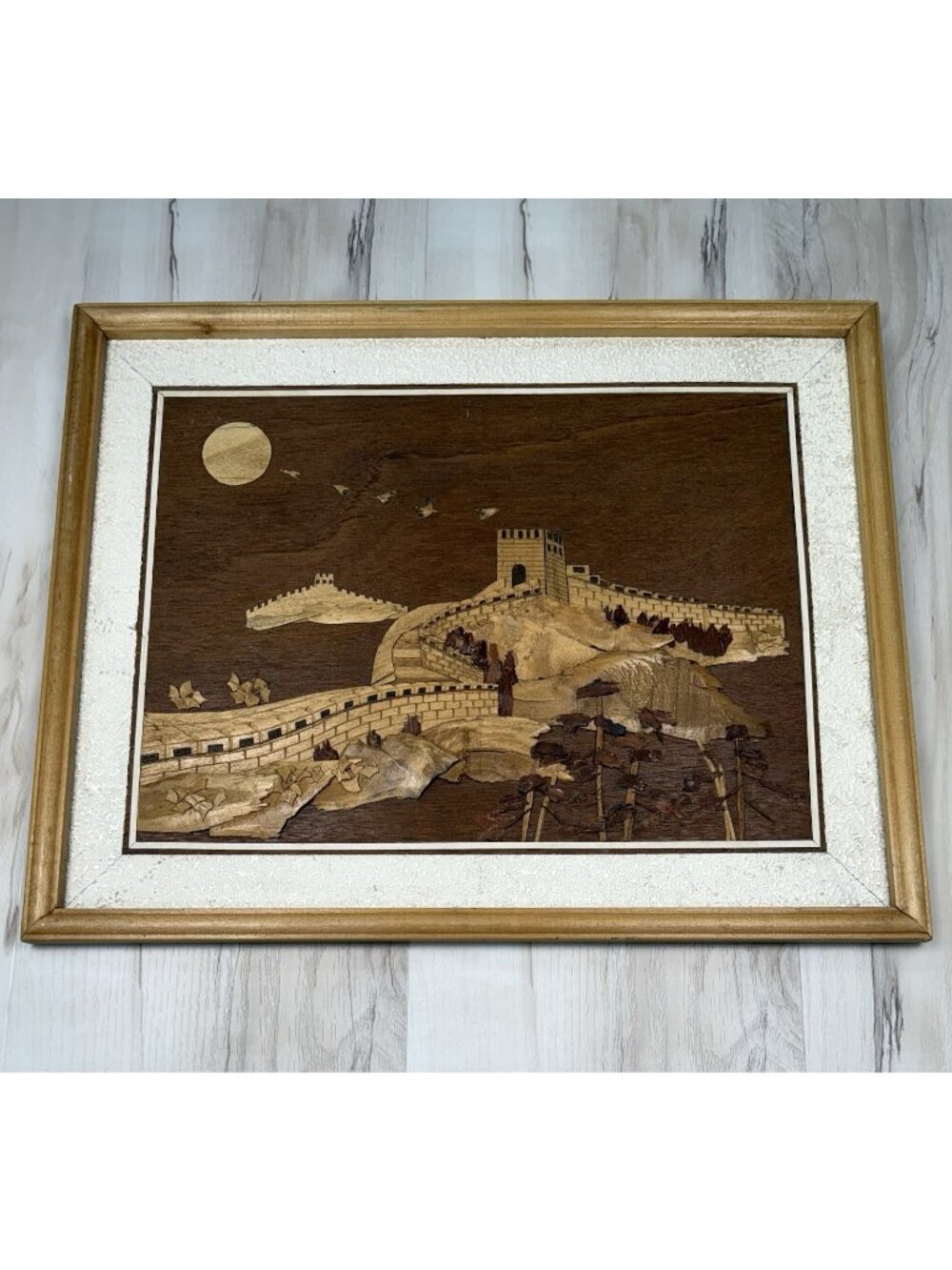 VTG 18"x14" Framed GREAT WALL OF CHINA Wood Inlay MARQUETRY PANEL Art Decor